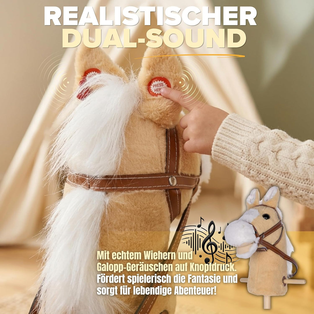 Schauer Steckenpferd für Kinder mit Rollen & Sound – 95 cm Hobby Horse Pferde aus Soft-Plüsch – Spie