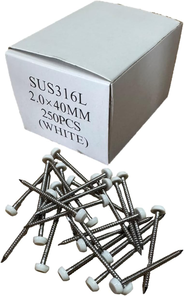 40 mm Poly-Top-Stifte/Nägel (250 Stück), Edelstahl, UPVC Kunststoffkopf, weiss