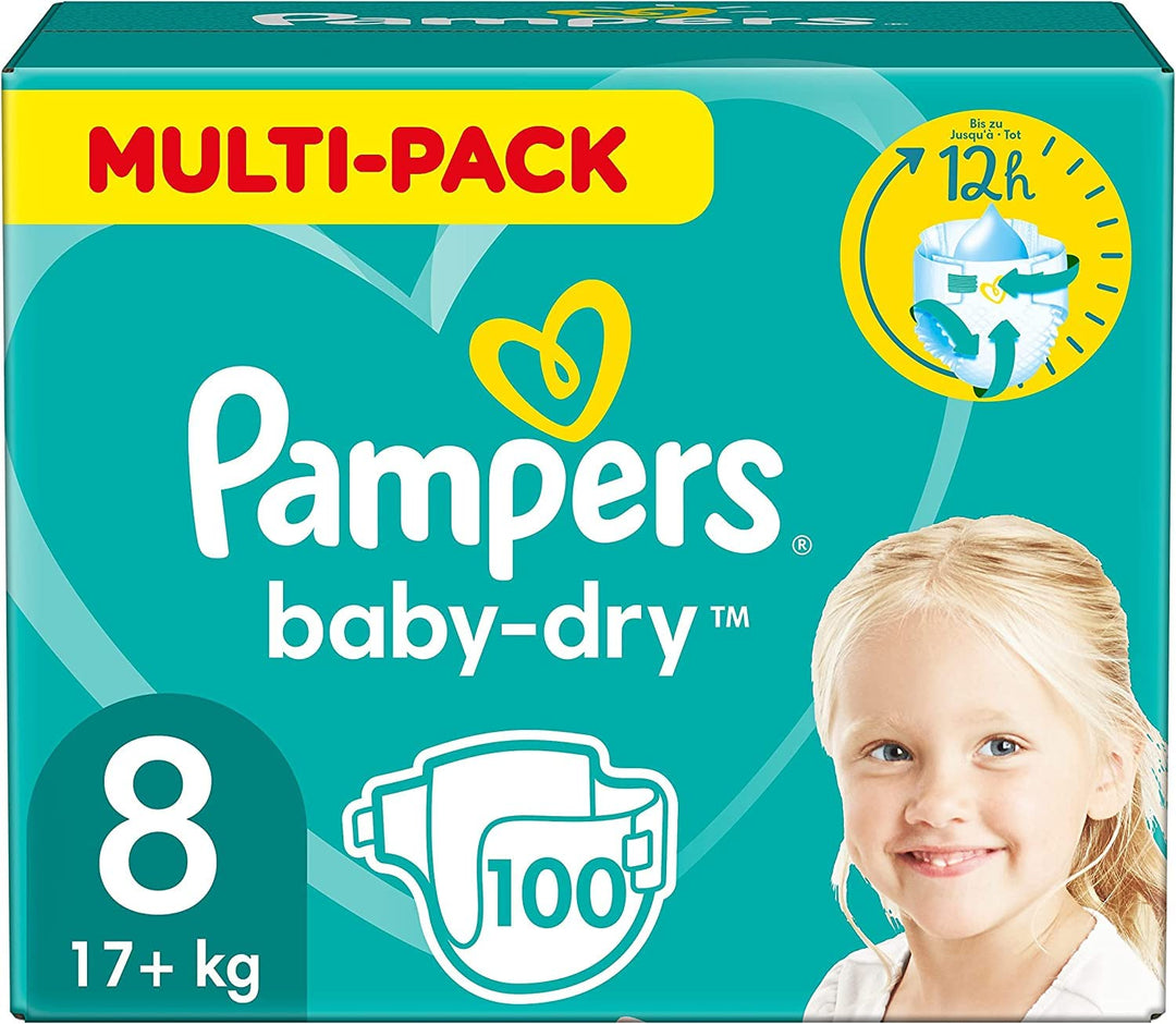 Pampers Windeln Grösse 8 (17kg+) Baby-Dry, Extra Large, 100 Stück, MONATSBOX, bis zu 12 Stunden Rund