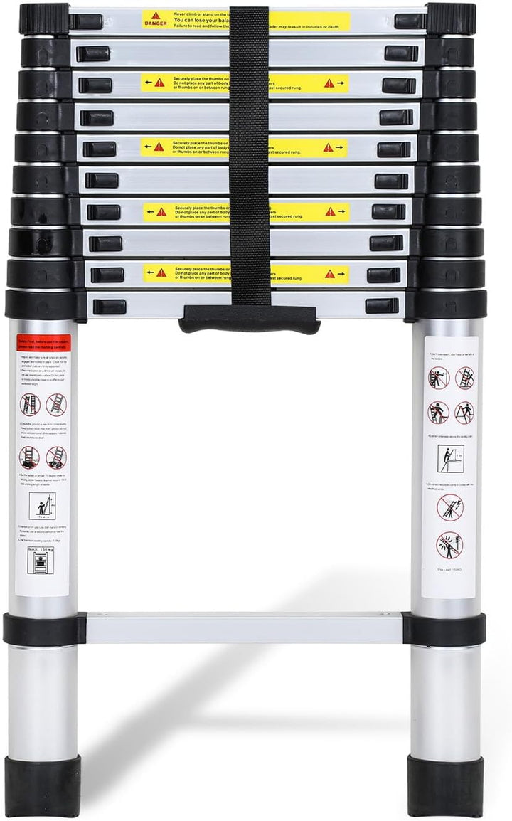 Fiqops 3.2M Aluminium Teleskopleiter, Ausziehbare Leiter 150 kg Belastbarkeit, Rutschfester Aluleite