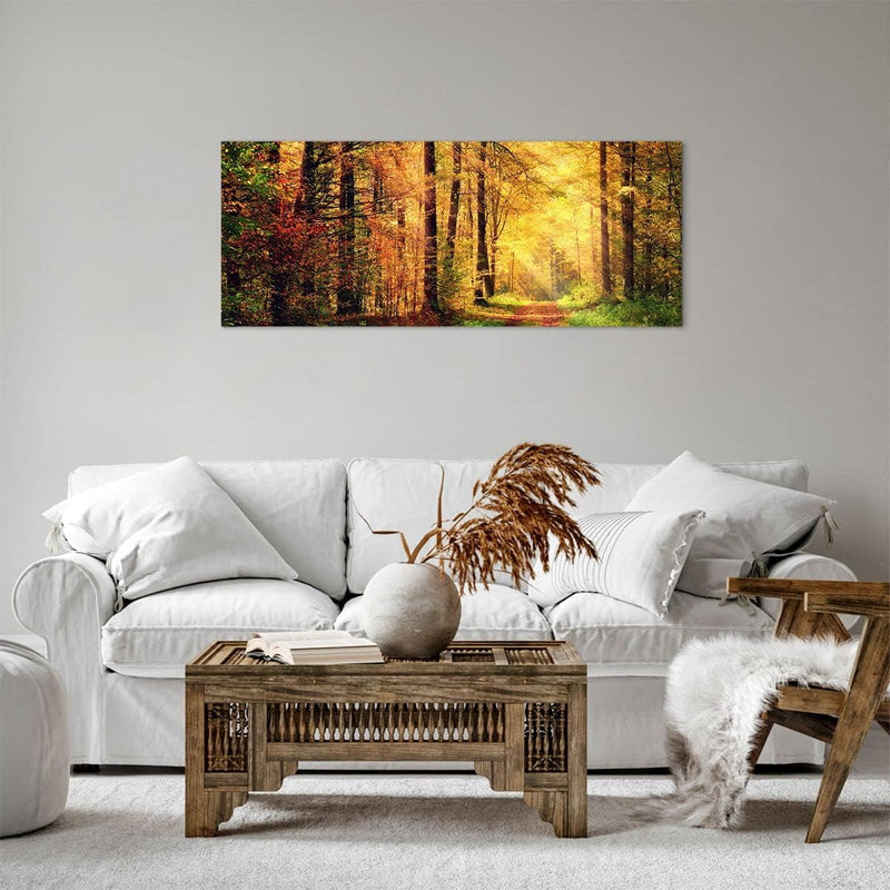 Panorama Bilder auf Leinwand 100x40cm Leinwandbild mit Rahmen Wald Baum Natur Gross Wanddeko Bild Sc