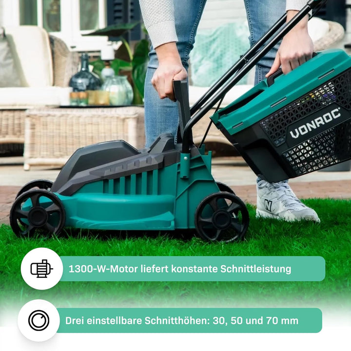 VONROC Rasenmäher Elektro mit Kabel | 1300W - 32cm Schnittbreite - einstellbare Schnitthöhe 30-70MM