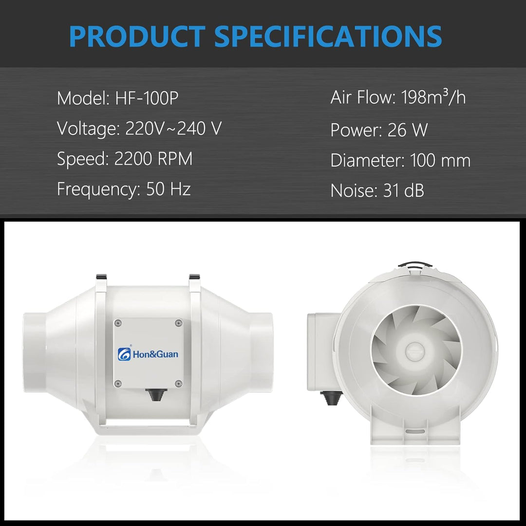Hon&Guan Rohrventilator 100mm Leise, Rohrlüfter mit EU-Stecker, Einstellbarer Hoher und Niedriger Mo