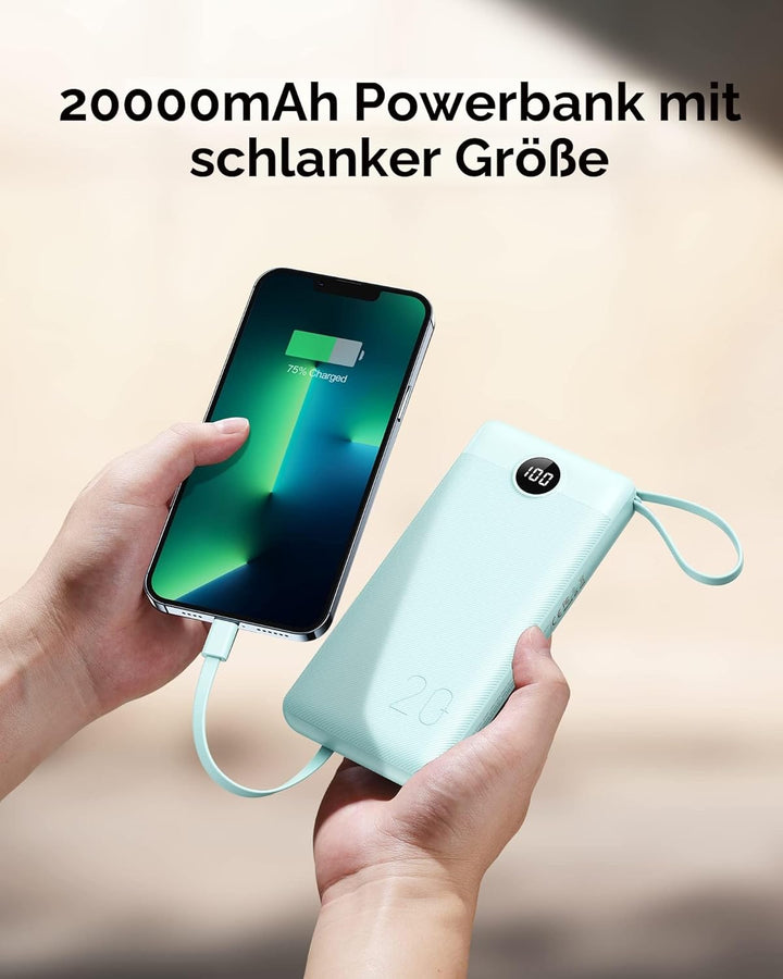 VEEKTOMX Powerbank 20000mAh Power Bank mit integrierten Kabeln USB C Externe Handyakkus mit 5 Ausgän