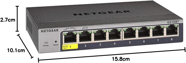 Netgear GS108T Managed Switch 8 Port Gigabit Ethernet LAN Switch Smart (1x PD-Port, Netzwerk Switch