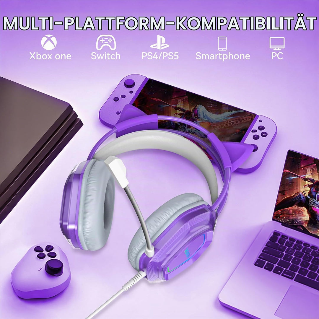 Wantak Katzenohr Kopfhörer mit Mikrofon – Kabel (3,5mm/USB) – Gaming Headset für PC/PS5/Xbox – Noise
