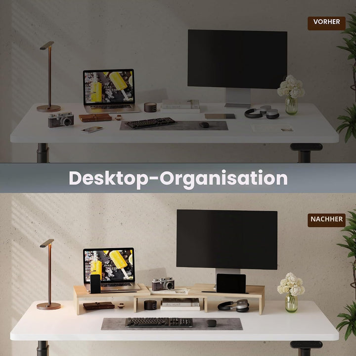 FITUEYES Dual Monitor Ständer Holz Drehbar Länge Verstellbar mit Halteschlitz für Smartphones Tablet