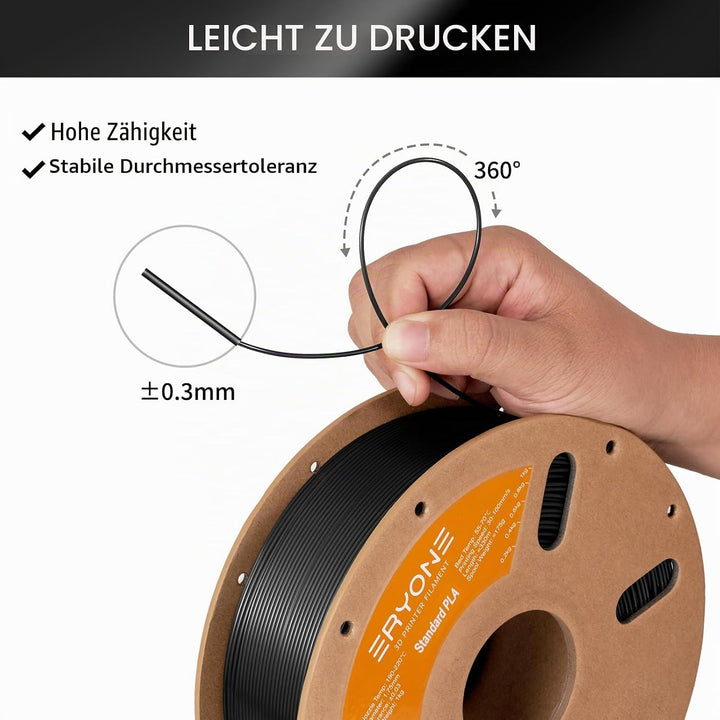 ERYONE PLA Filament 1.75 mm, 3D-Drucker Filament PLA, 0,03 mm, 1 kg/Spule, Schwarz A-Regular-Schwarz