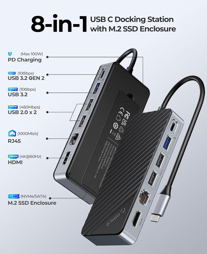 ORICO 8-in-1 USB C Docking Station mit M.2 SSD Gehäuse, USB C Hub für M.2 NVMe/SATA SSD, 10Gbps, 4K@