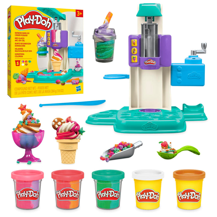 Play-Doh Bunte Regenbogen Eismaschine, 2 x 56g einfarbig & 3 x 56g zweifarbig, Spielküchen-Set mit Z