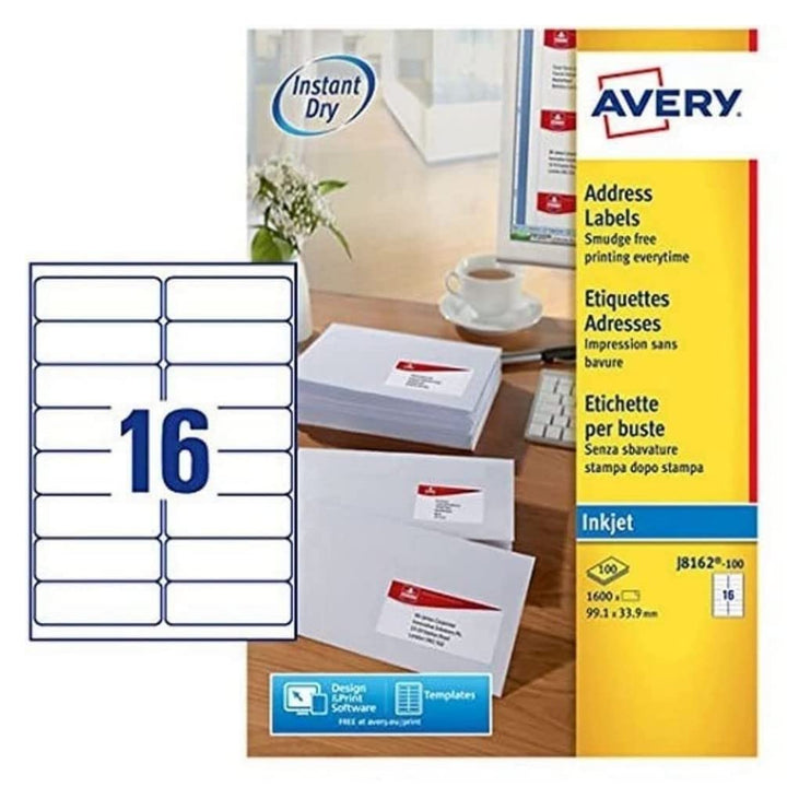 Avery schnelltrocknende Adressetiketten für Tintenstrahldrucker 16 pro Blatt 99,1 x 33,9 mm 1600 Eti