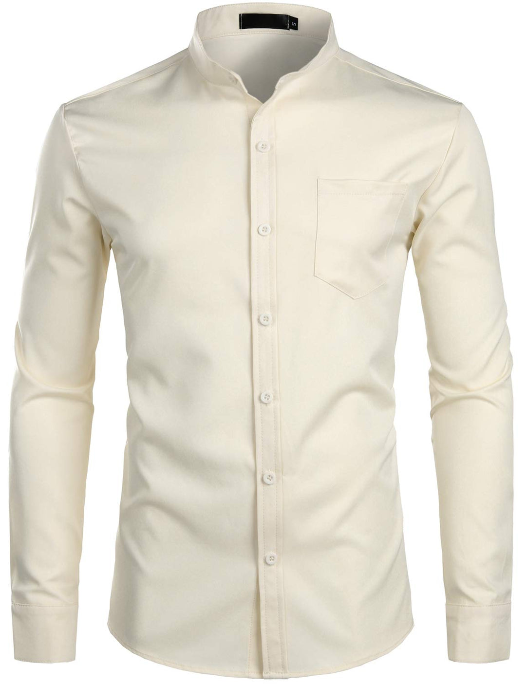 PARKLEES Herren Grandad-Kragen Slim Fit Langarm Casual Button Down Kleid Shirts mit Tasche M Beige,