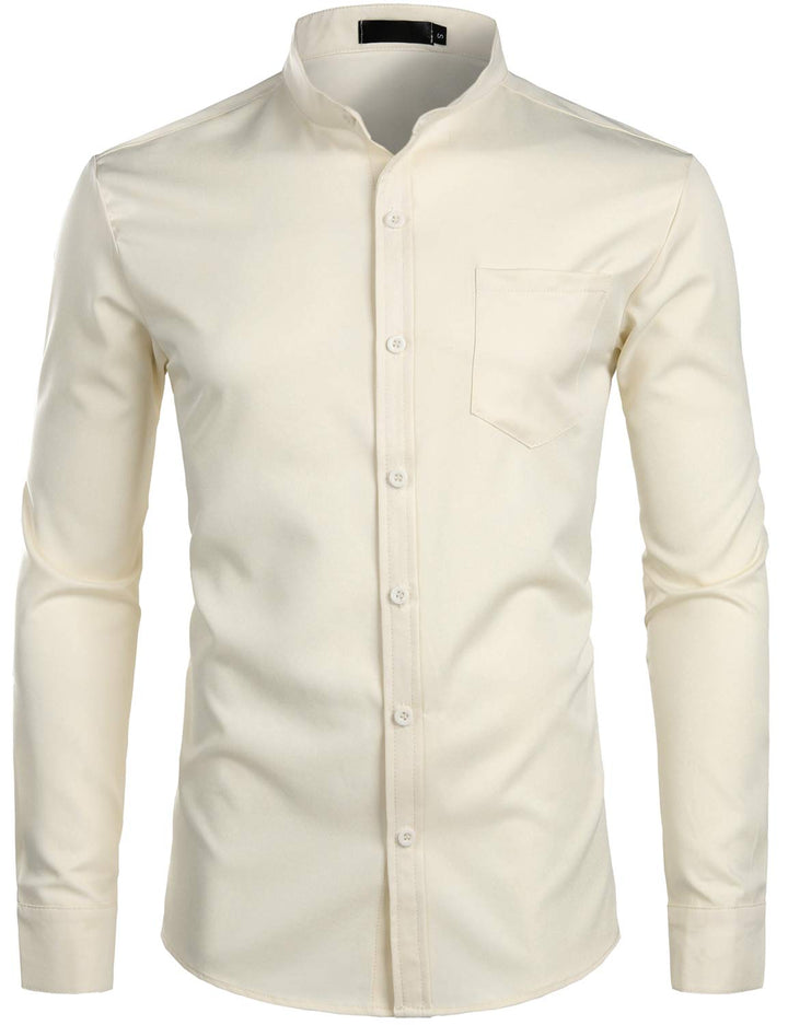 PARKLEES Herren Grandad-Kragen Slim Fit Langarm Casual Button Down Kleid Shirts mit Tasche M Beige,