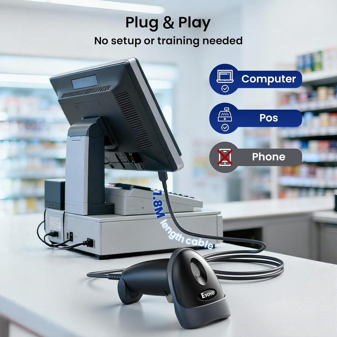 Eyoyo Kabelgebundener USB-2D-Barcode-Scanner – Automatischer Handscanner für QR-Codes, PDF417 und Da