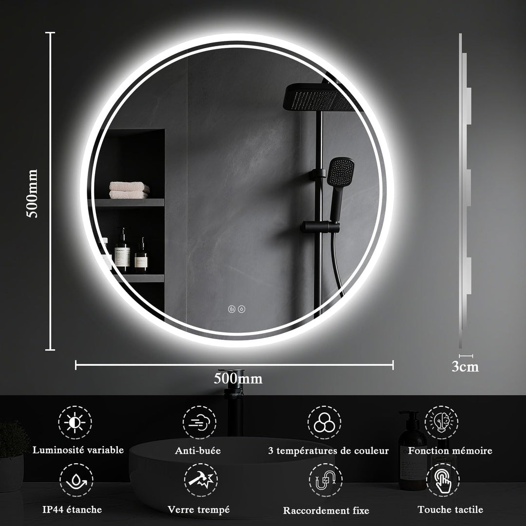 Badspiegel mit Beleuchtung - Badezimmer-Spiegel-LED mit Beschlagfrei, Touch-Schalter, Dimmbar, 3 Lic