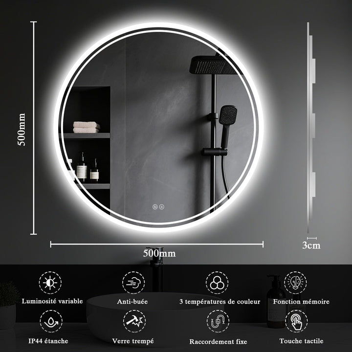 Badspiegel mit Beleuchtung - Badezimmer-Spiegel-LED mit Beschlagfrei, Touch-Schalter, Dimmbar, 3 Lic