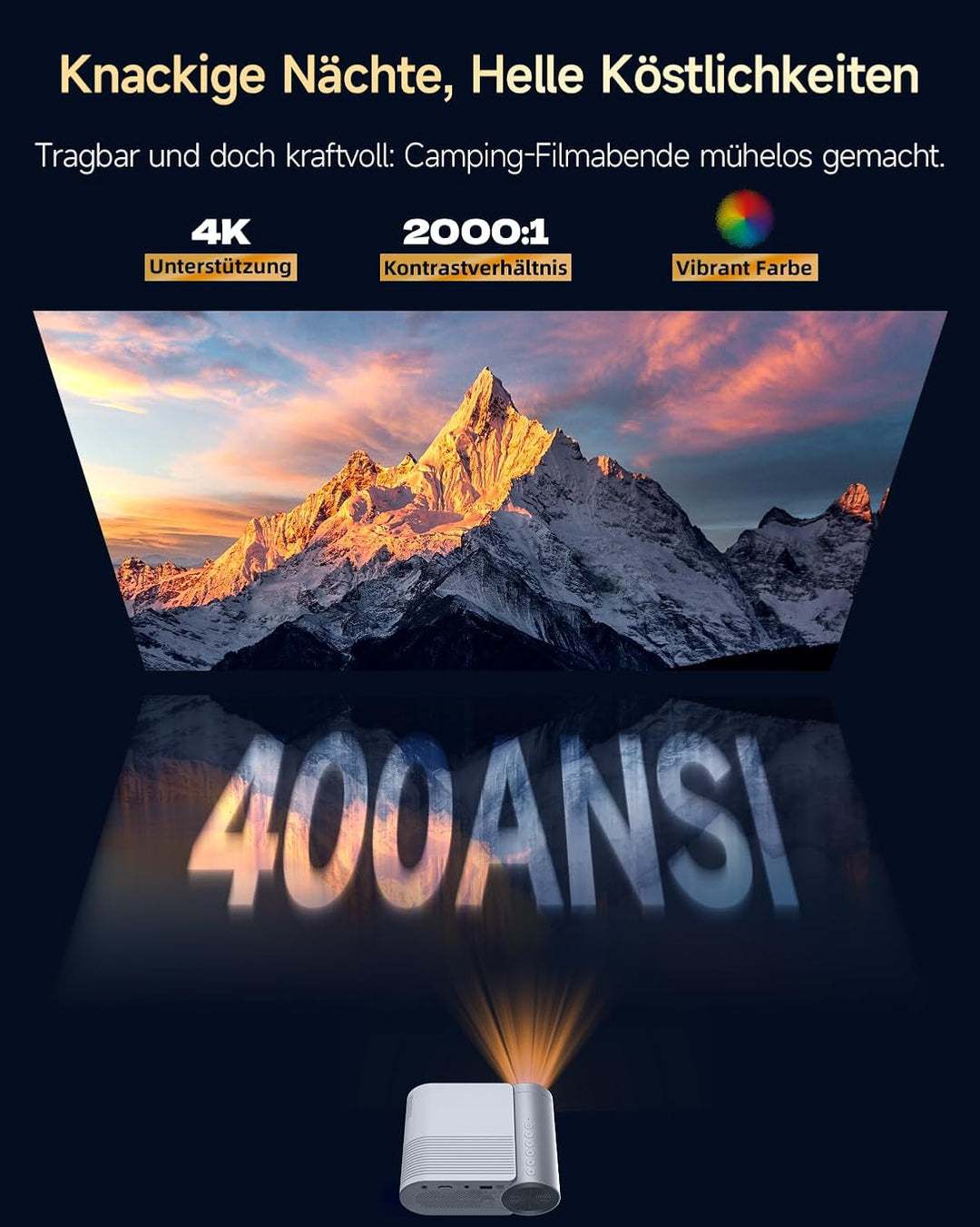 Mini Beamer 4K, Kleiner Projektor Bluetooth und WiFi für Handy, 1080P Beamer Heimkino iPhone/Android