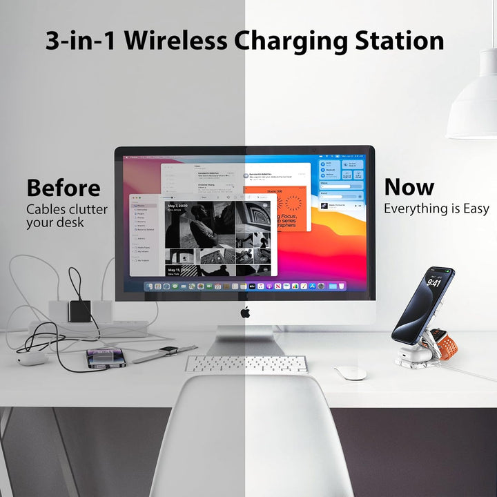 KU XIU Faltbar 3 in 1 Ladestation für Apple Watch und iPhone kompatibel mit MagSafe Ladegerät Indukt
