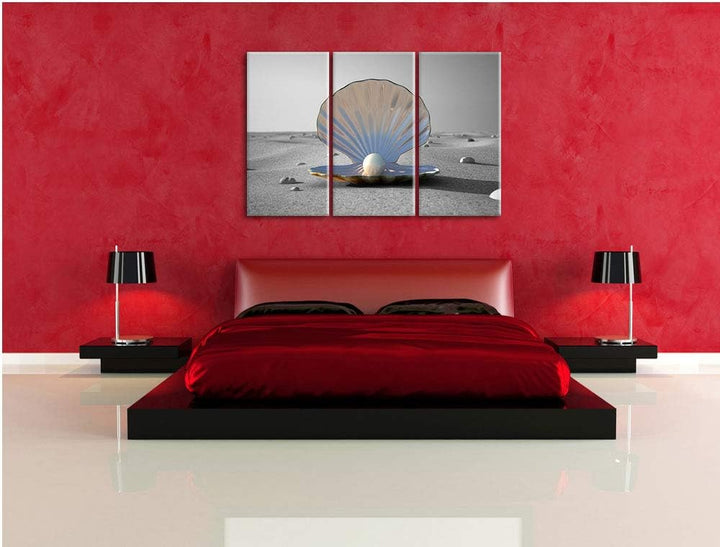 Perlenmuschel am Strand schwarz/weiss 3-Teiler Leinwandbild 120x80 Bild auf Leinwand, XXL riesige Bi