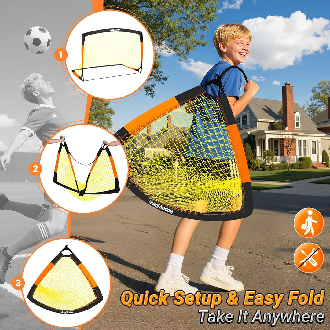 Happy Jump Pop-Up Fussballtor – Faltbar für Kinder & Erwachsene | 1 oder 2 Tore: 120x90 / 152x110 /