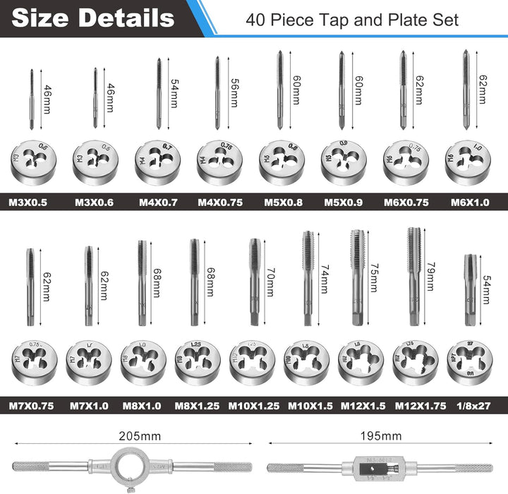 HSEAMALL Gewindeschneidsatz, 40-teilig, M3-M12 Gewindebohrer und Schneideisen 40 pcs Silver, 40 pcs