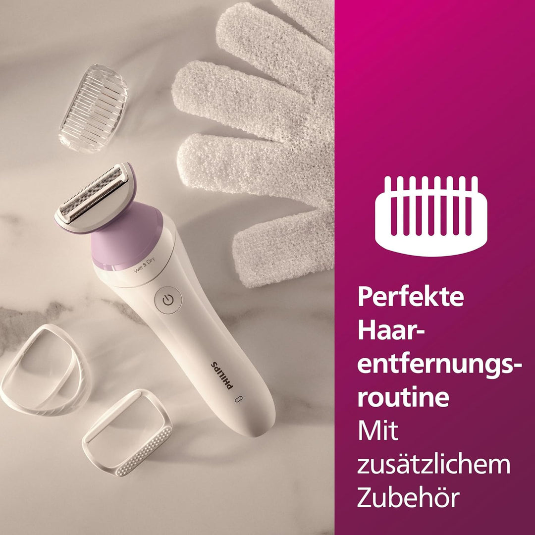 Philips Lady Shaver Series 6000 – Kabelloser Nass- und Trockenrasierer mit 4 Zubehörteilen, Körperpe