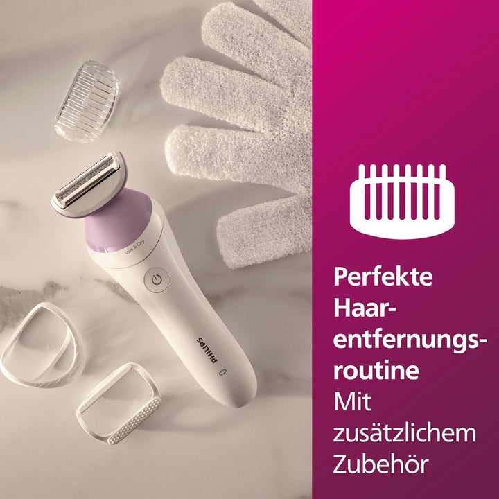 Philips Lady Shaver Series 6000 – Kabelloser Nass- und Trockenrasierer mit 4 Zubehörteilen, Körperpe