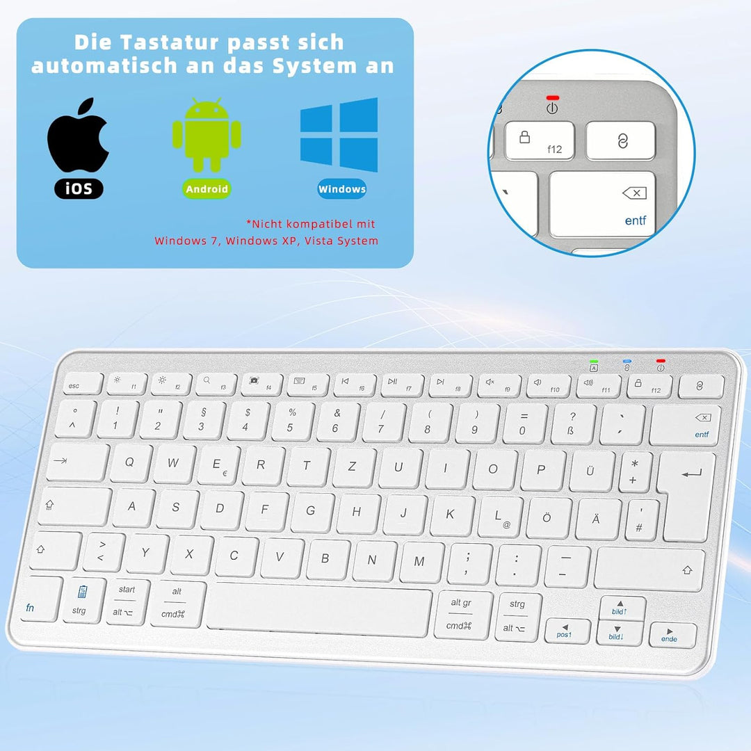 Kabellose Bluetooth Tastatur, Wiederaufladbare Mini Type-C, Funk, Ultraslim Ergonomisches Design, De
