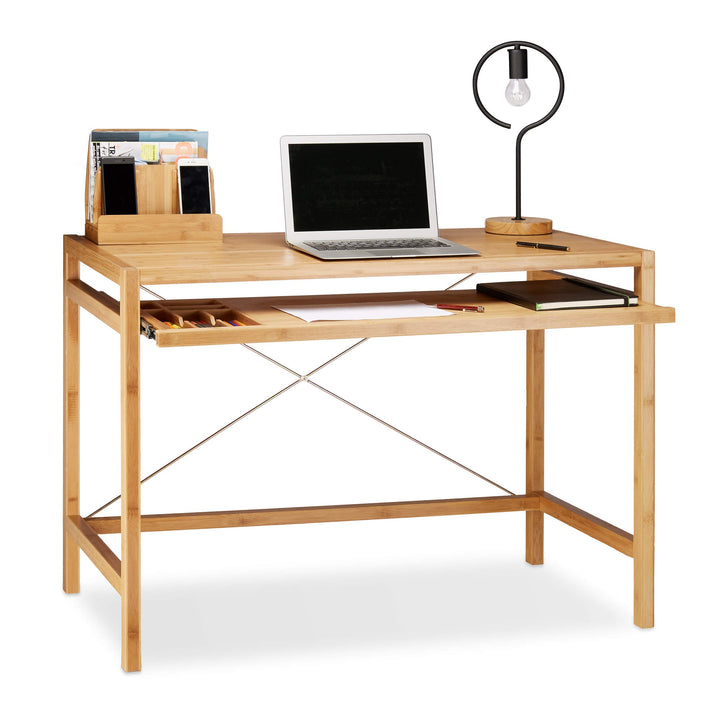 Relaxdays Computertisch Holz, Tastaturauszug, Bürotisch ausziehbar, Schreibtisch massiv, HxBxT: 76,5