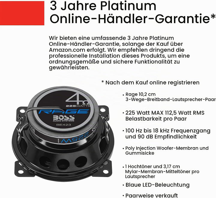 BOSS Audio Systems BE423 225 Watt (pro Paar), 4 Zoll, Full Range, 3-Wege-Lautsprecher (Paar) 10.2 cm