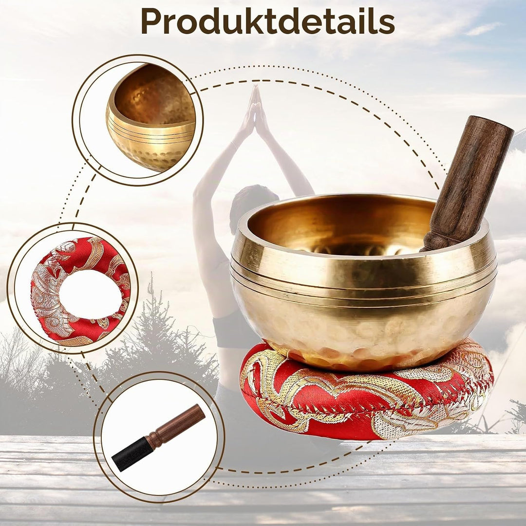 Tibetisches Klangschalen-Set, Meditationsklangschale aus Messing, 8,6 cm Durchmesser,wird mit hölzer