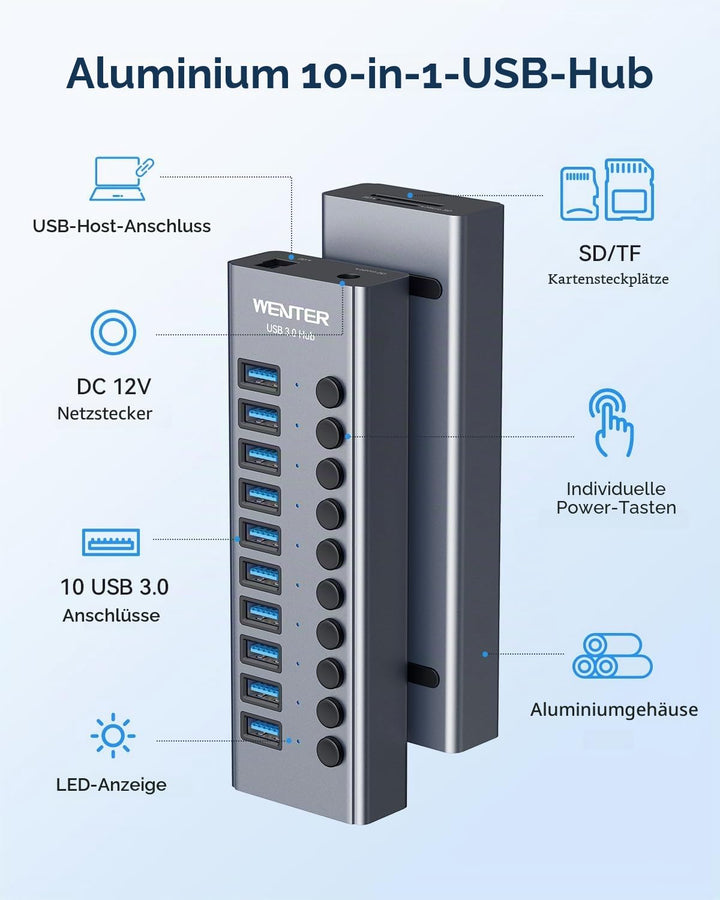 Powered USB 3.0 Hub, Wenter 10 Ports 36W USB Hub Aktiv, Aluminium USB Splitter mit individuellen EIN