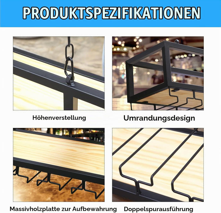 Deckenregal Weinregal mit Glashalter, Hängend Metall Weinflaschenhalter, Industrielle Decke Weinrega