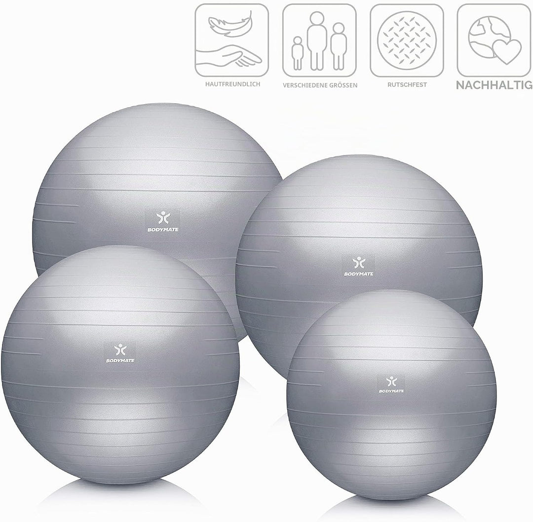 BODYMATE Gymnastikball Sitzball Trainingsball mit GRATIS E-Book inkl. Luft-Pumpe, Ball für Fitness,