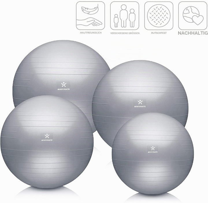 BODYMATE Gymnastikball Sitzball Trainingsball mit GRATIS E-Book inkl. Luft-Pumpe, Ball für Fitness,