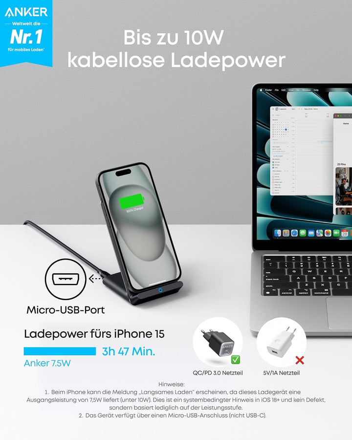 Anker 313 Induktive Ladestation, Qi-zertifiziert, Geeignet für iPhone 16 / 15 / 15 Pro / 15 Pro Max,