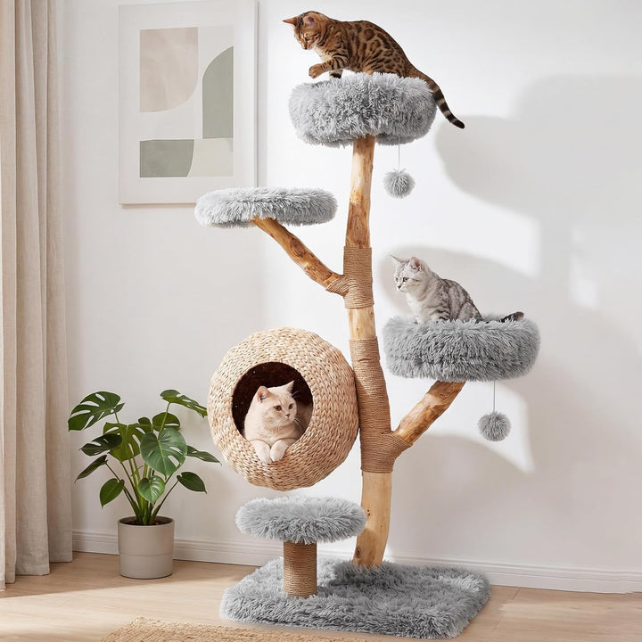 COSTWAY Kratzbaum Holz, 134 cm hoch, Katzenbaum mit Katzenkorb (Grau), Grau