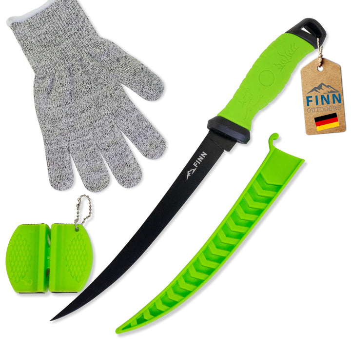 FINN Outdoors Filetiermesser Set Edelstahl Angelmesser, Fischmesser, Ausbeinmesser mit 2in1 Messersc