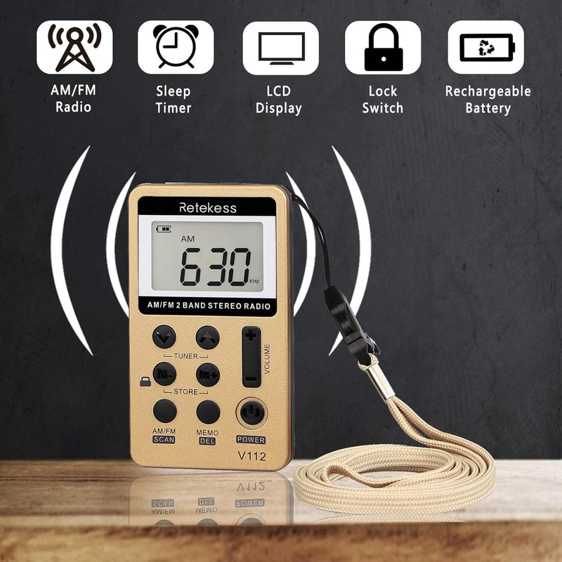 Retekess V112 Mini Radio Batteriebetrieben,Radio Klein mit Kopfhörer,FM AM,Schlaftimer,Wiederaufladb