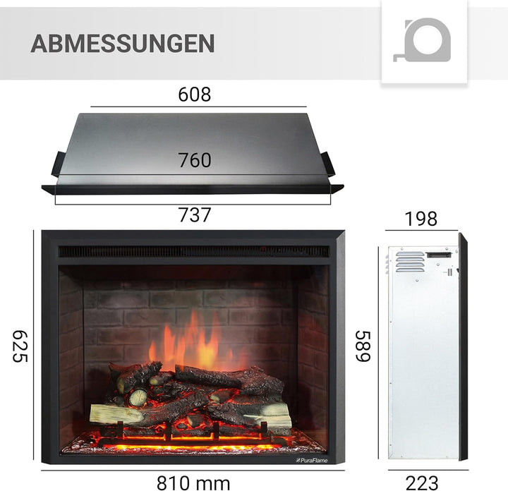 RICHEN Calida 30'' Elektrokamin - Elektrischer Einbaukamin mit Heizung 1000/2000 W, realistischer 3D