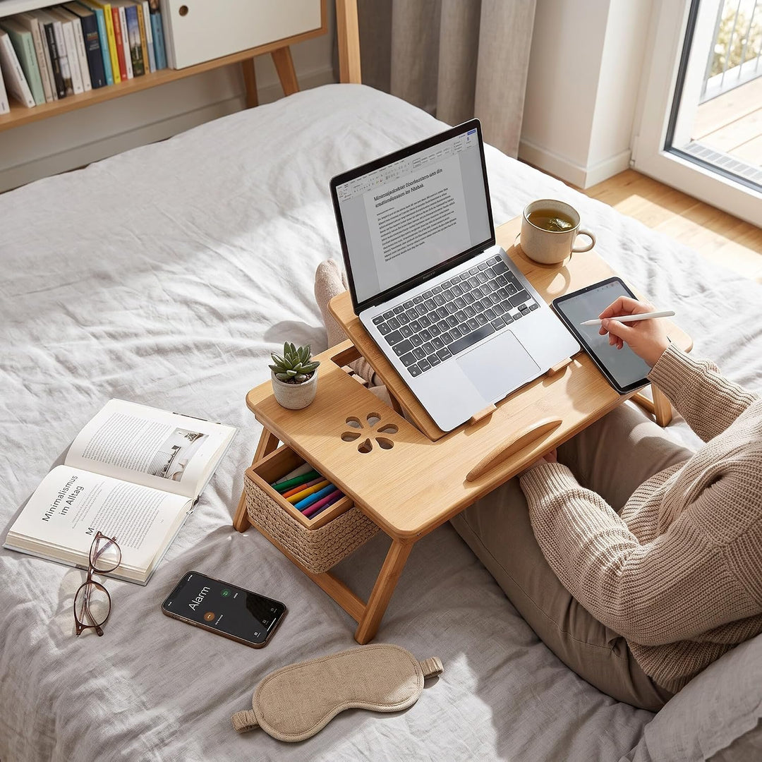 Laptoptisch als Tabletttisch fürs Bett oder Sofa aus Holz, Höhenverstellbarer Laptoptisch mit Schubl