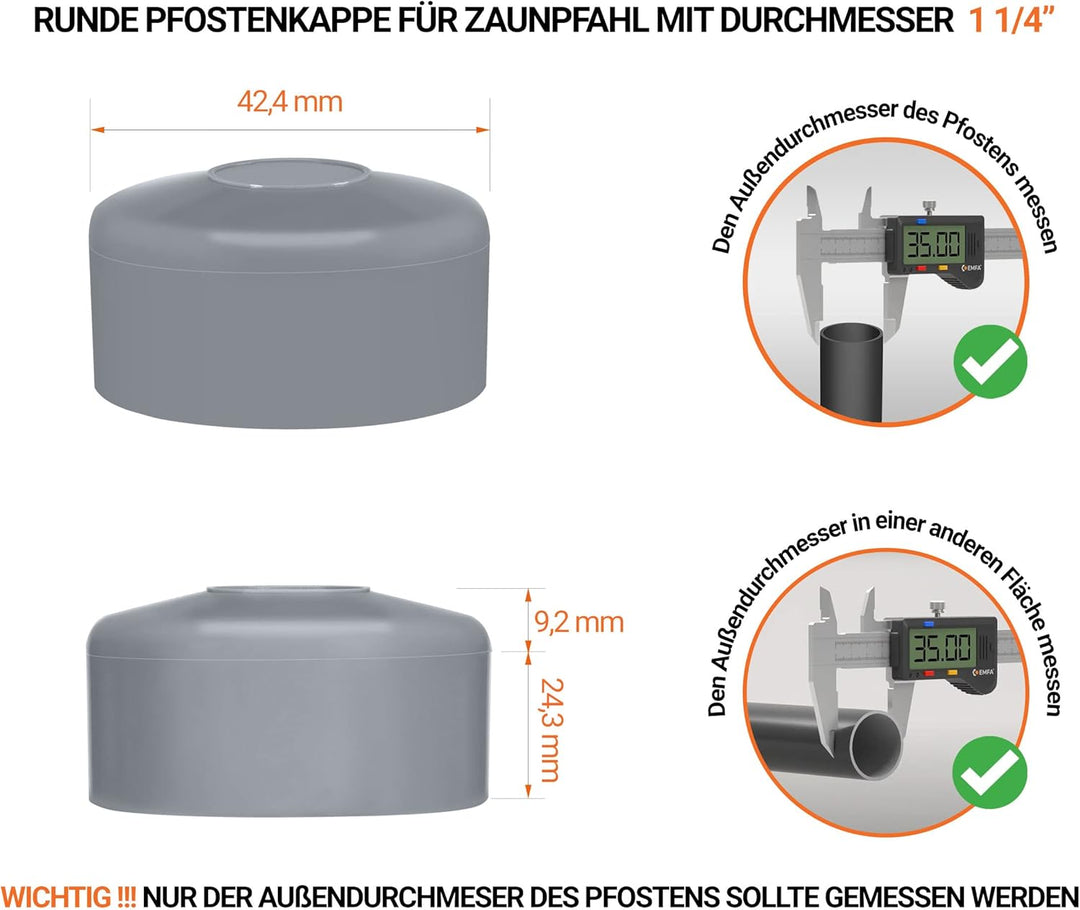 EMFA Zaunpfahlkappe rund 42,4 mm Grau 10 Stück Pfostenkappe rund Zaunpfostenkappen Zaunabdeckung Kun