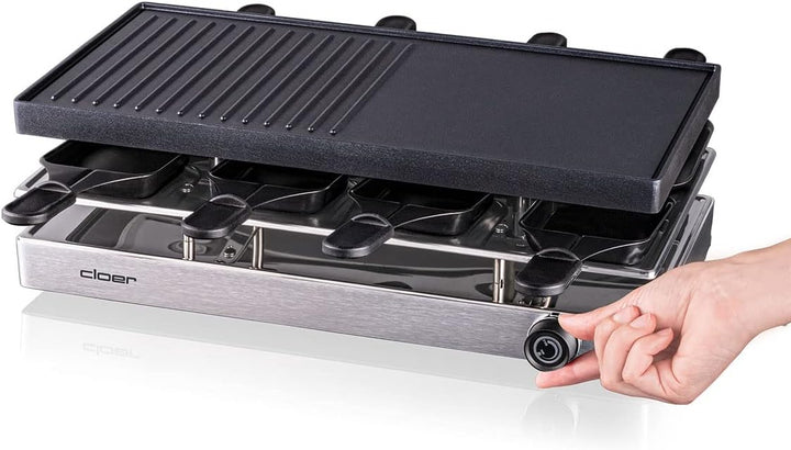 Cloer 6458 Raclettegrill mit Aluminium-Druckguss Platte, 1200 W, 8 antihaftbeschichtete Raclettepfän