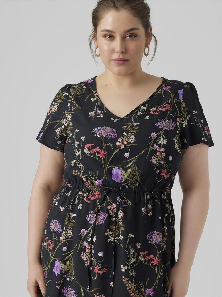 VERO MODA Damen Viskose Kleid VMEasy V-Neck Kurzarm Sommerkleid S Black/Aop:mille, S Black/Aop:mille