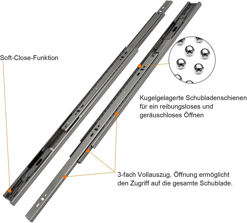 Lospitch 1 Paar (2 Stück) Vollauszüge Schubladenschienen 650mm Teleskopschienen Kugelführung Automat