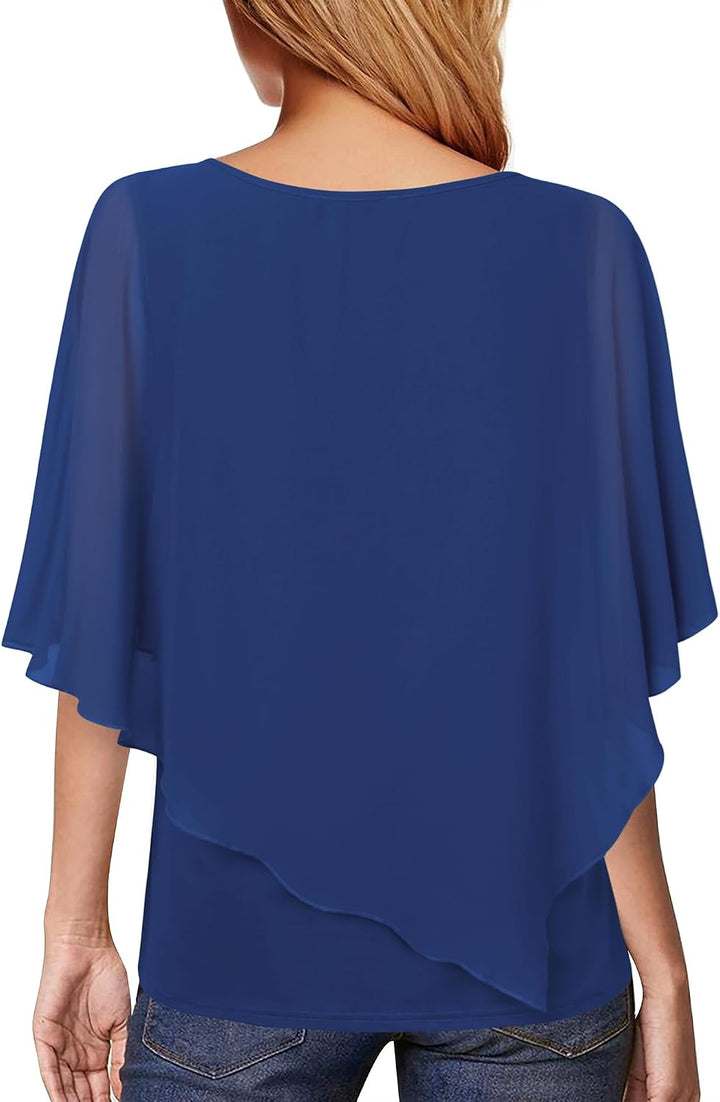 Vafoly Damen Chiffon Lose Fledermaus Bluse mit Kurzen Flatter ärmel Leichte Fliessende Bluse Rundhal