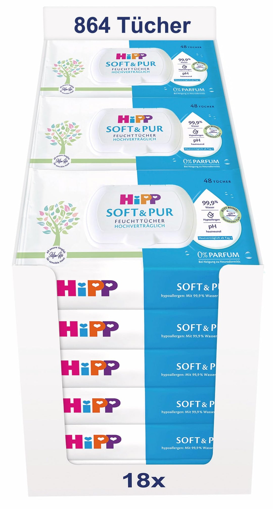HiPP Babysanft Feuchttücher Soft und Pur, 864 Stück (18 Packungen mit 48), mit 99,9% Wasser und 0% P