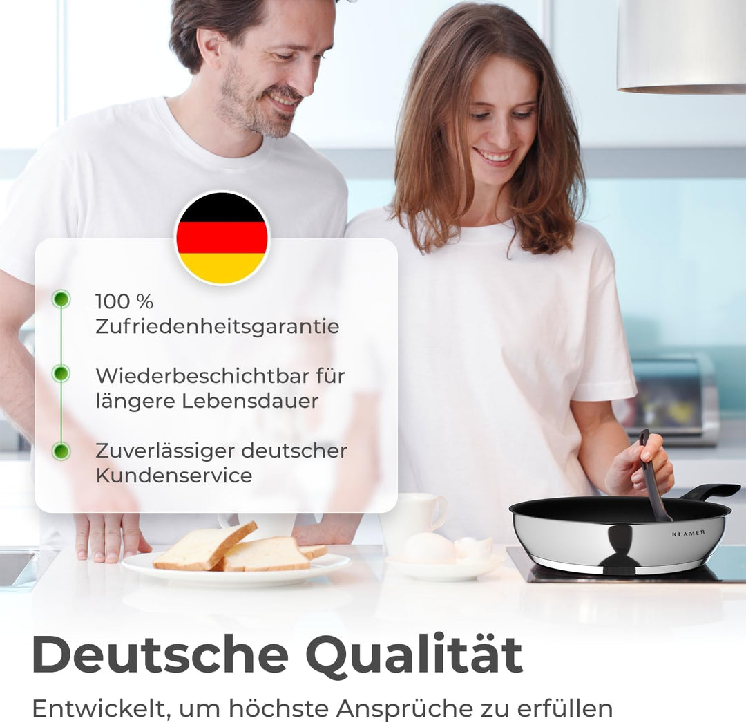 KLAMER Bratpfanne (24 + 28cm) Induktion – Profi Edelstahlpfanne mit Greblon® C3+ Antihaftbeschichtun