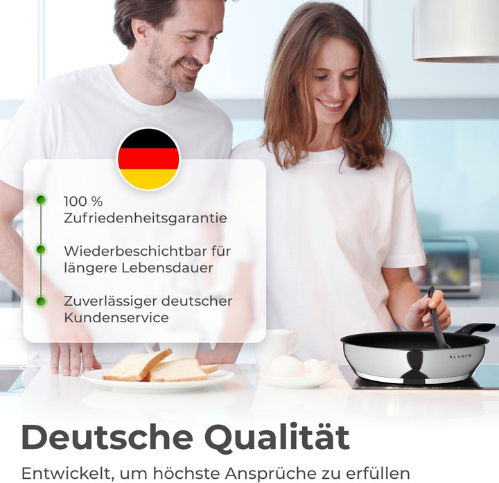 KLAMER Bratpfanne (24 + 28cm) Induktion – Profi Edelstahlpfanne mit Greblon® C3+ Antihaftbeschichtun