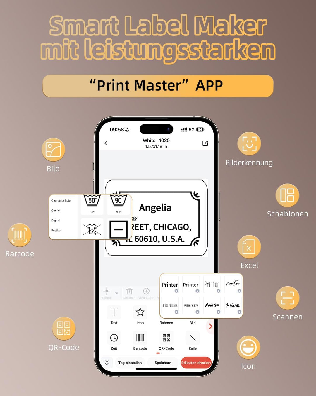 Phomemo M220 Bluetooth Etikettendrucker, Tragbarer Thermo Beschriftungsgerät, Upgrade 3 Zoll Labeldr
